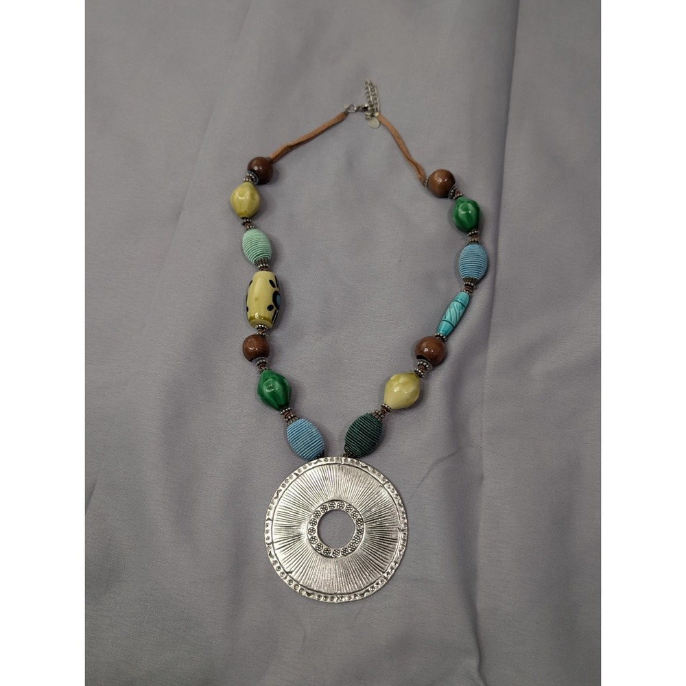 Vintage Robert Rose Statement Necklace Silver Tone Pendant Green Brown Beads